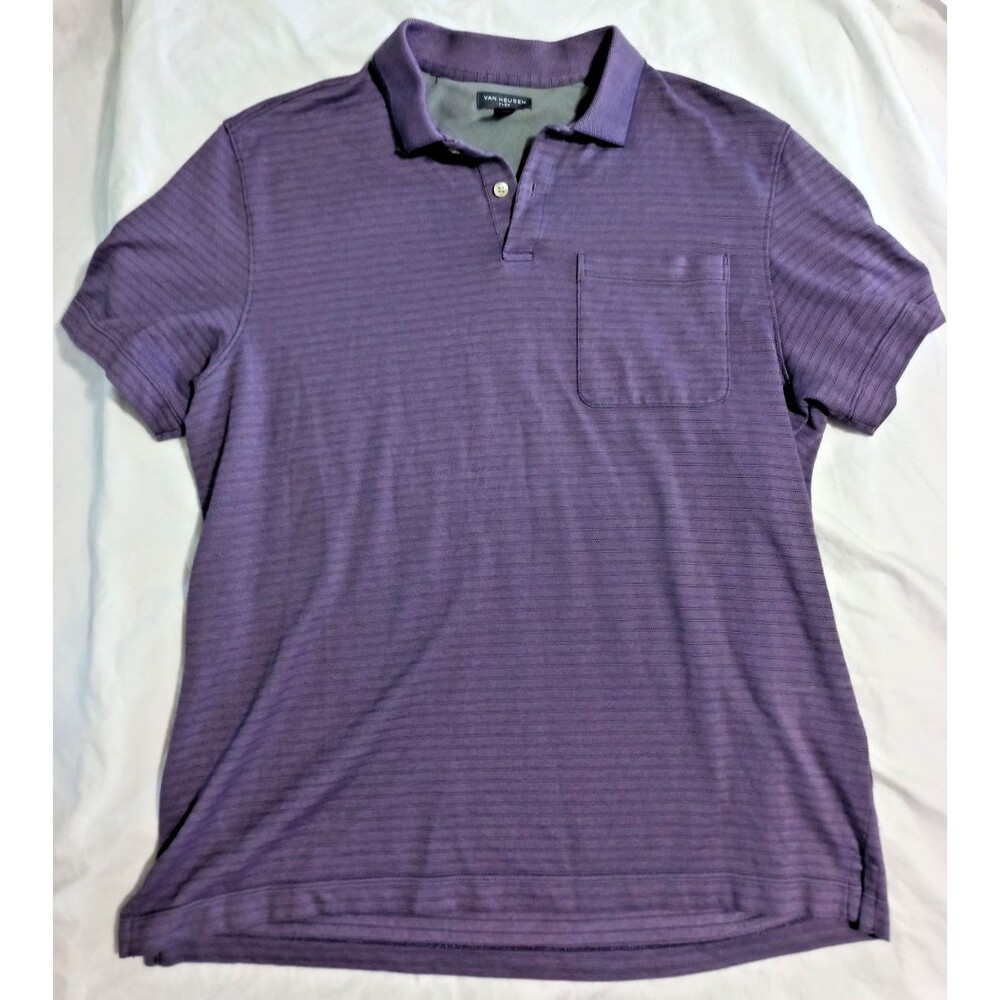 Van Heusen Flex Polo Shirt Mens Medium Purple Striped Short Sleeve Pocket Golf